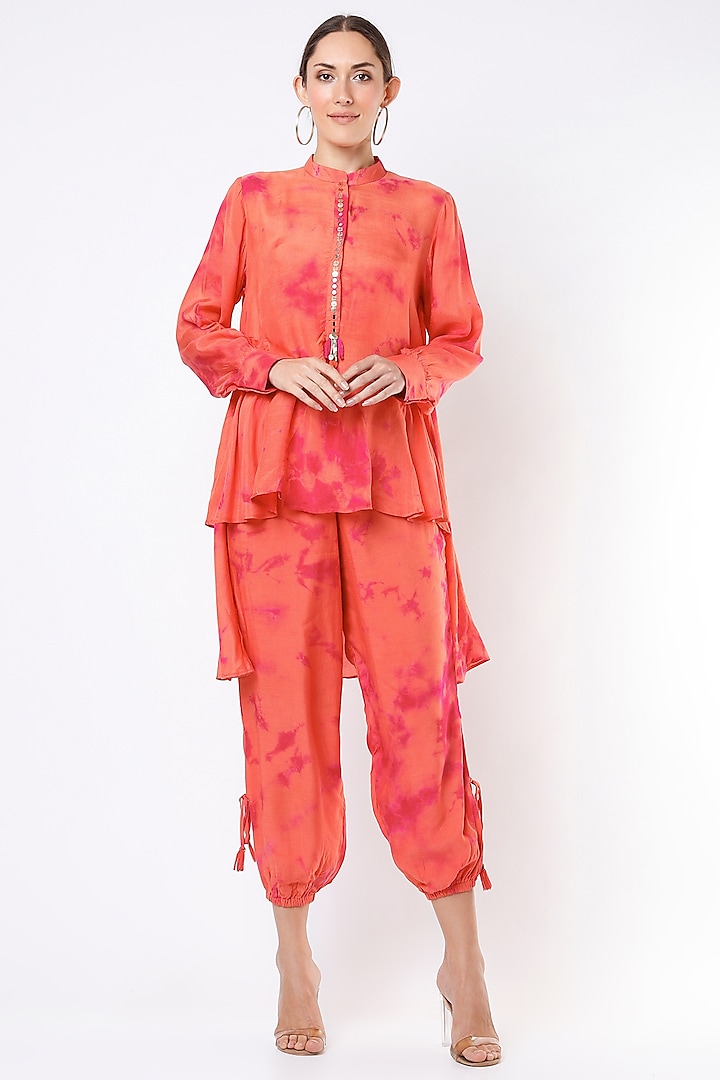 Electric Orange Embroidered Cuffed Pant Set by EnEch By Nupur Harwani