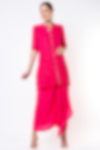 Fuchsia Embroidered Draped Skirt Set by EnEch By Nupur Harwani
