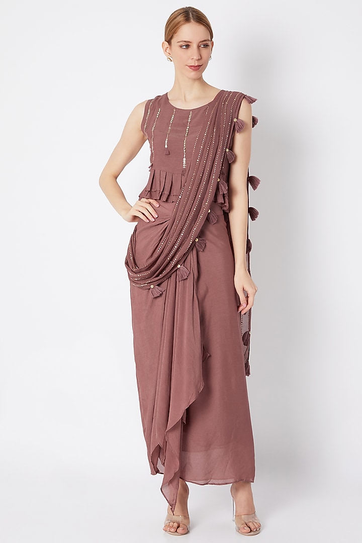 Plum Embroidered Skirt Festive Saree Set by EnEch By Nupur Harwani at Pernia's Pop Up Shop