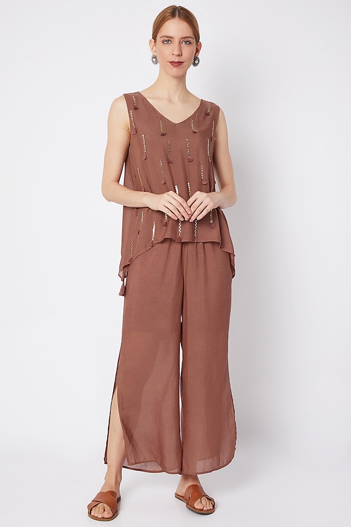 Wine Metallic Embroidered Cape Jumpsuit by EnEch By Nupur Harwani