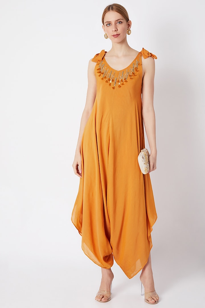 Mustard Metallic Embroidered Jumpsuit by EnEch By Nupur Harwani at Pernia's Pop Up Shop