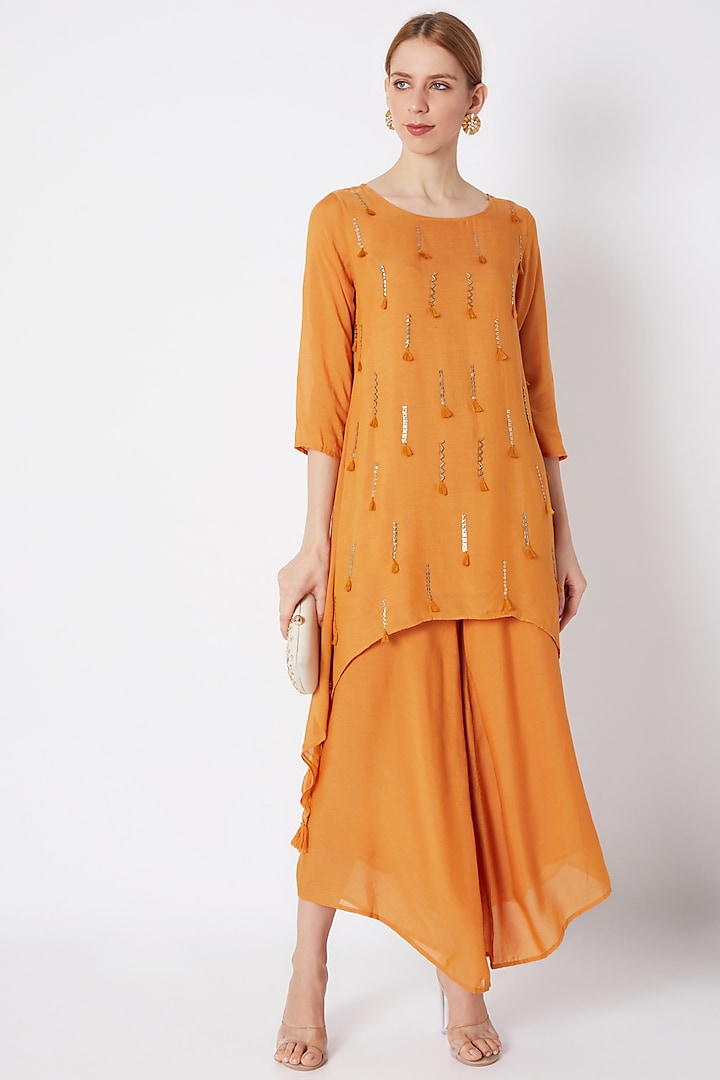 Mustard Embroidered Tunic With Pants by EnEch By Nupur Harwani