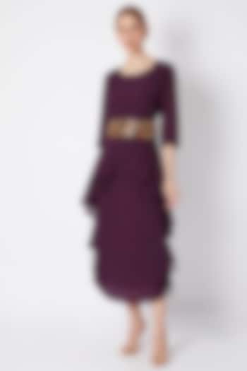Deep Wine Dress With Jacket & Embellished Belt by EnEch By Nupur Harwani