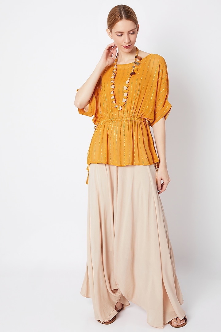 Mustard Shimmer Kimono With Pants & Necklace by EnEch By Nupur Harwani