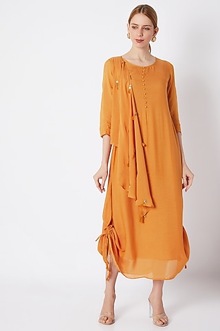 Mustard Dress With Attached Cowl Dupatta by EnEch By Nupur Harwani