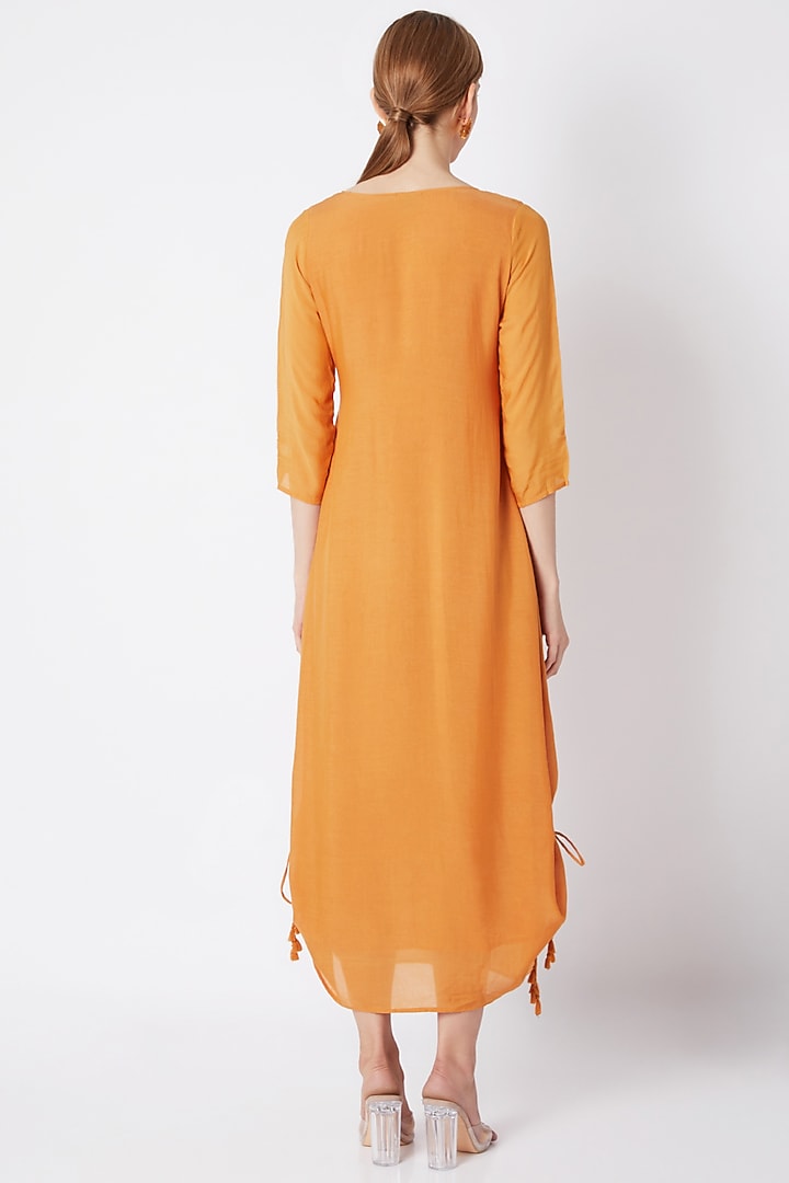 Mustard Dress With Attached Cowl Dupatta by EnEch By Nupur Harwani at Pernia's Pop Up Shop