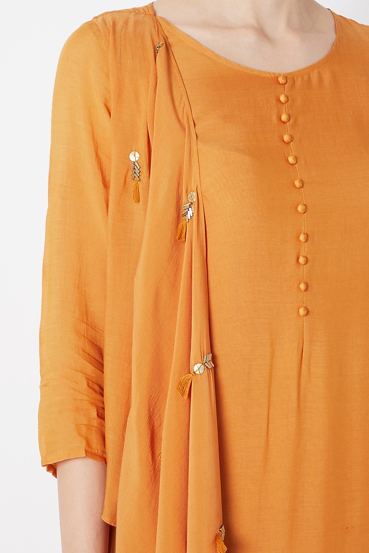 Mustard Dress With Attached Cowl Dupatta by EnEch By Nupur Harwani at Pernia's Pop Up Shop