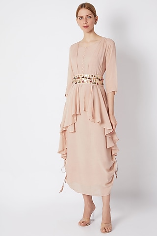 Champagne Dress With Jacket & Belt by EnEch By Nupur Harwani
