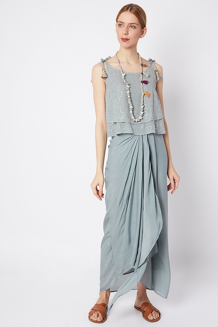 Powder Blue Shimmery Top With Wrap Skirt & Necklace by EnEch By Nupur Harwani
