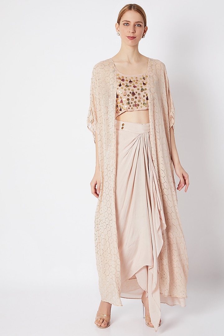 Champagne Embroidered Bralette With Cape & Skirt by EnEch By Nupur Harwani