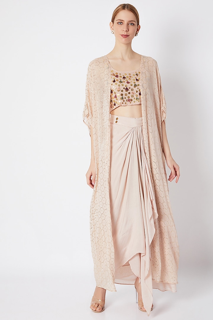Champagne Embroidered Bralette With Cape & Skirt by EnEch By Nupur Harwani at Pernia's Pop Up Shop