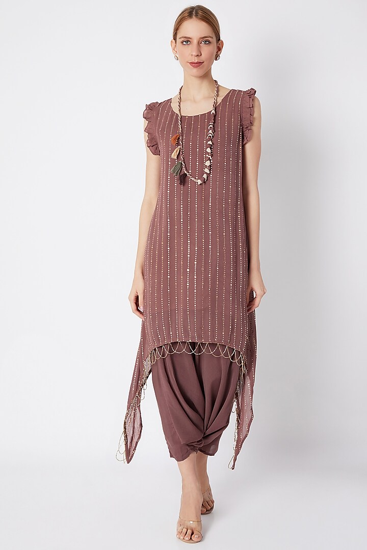 Wine Shimmery Tunic With Dhoti Pants & Necklace by EnEch By Nupur Harwani