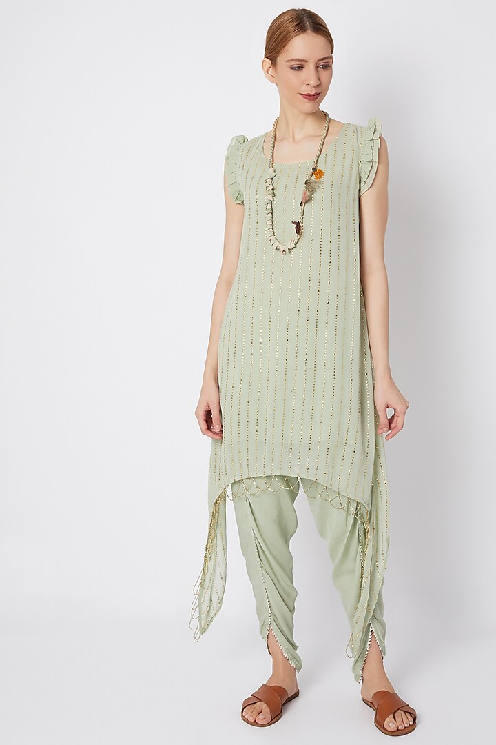 Sea Green Tunic With Pants With Necklace by EnEch By Nupur Harwani