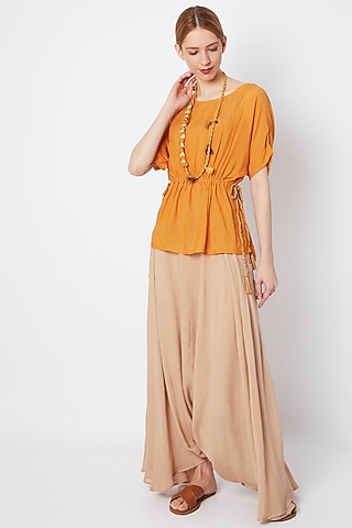 Mustard Kimono With Dhoti Pants & Necklace by EnEch By Nupur Harwani