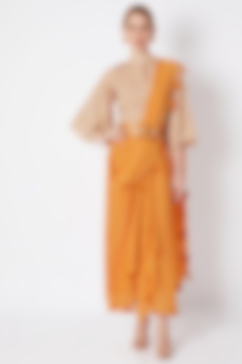 Yellow Wrap Skirt Saree Set With Belt by EnEch By Nupur Harwani