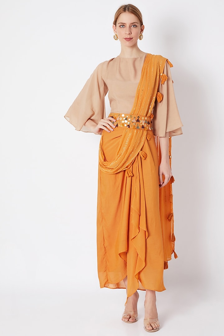 Yellow Wrap Skirt Party Wear Saree Set With Belt by EnEch By Nupur Harwani at Pernia's Pop Up Shop