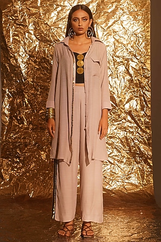 Dusty Lavender Thin Cotton Metallic Embellished Palazzo Pant Set by EnEch By Nupur Harwani