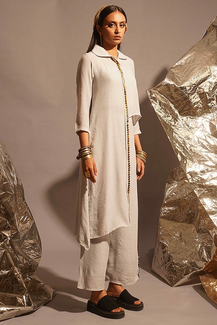 Light Grey Thin Cotton Metallic Embellished Co-Ord Set by EnEch By Nupur Harwani