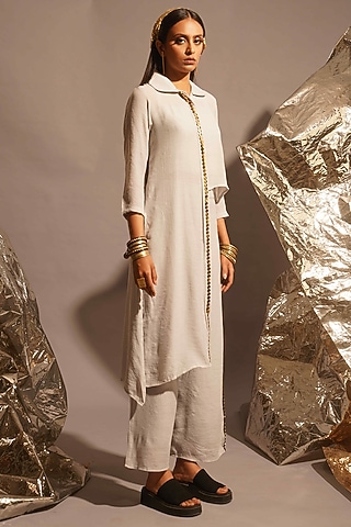 Light Grey Thin Cotton Metallic Embellished Co-Ord Set by EnEch By Nupur Harwani