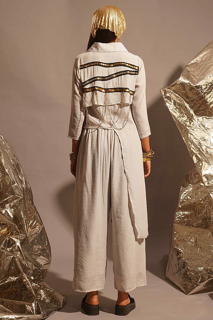 Light Grey Thin Cotton Metallic Embellished Co-Ord Set by EnEch By Nupur Harwani at Pernia's Pop Up Shop