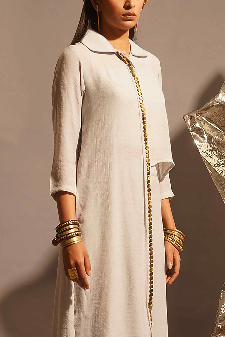 Light Grey Thin Cotton Metallic Embellished Co-Ord Set by EnEch By Nupur Harwani at Pernia's Pop Up Shop