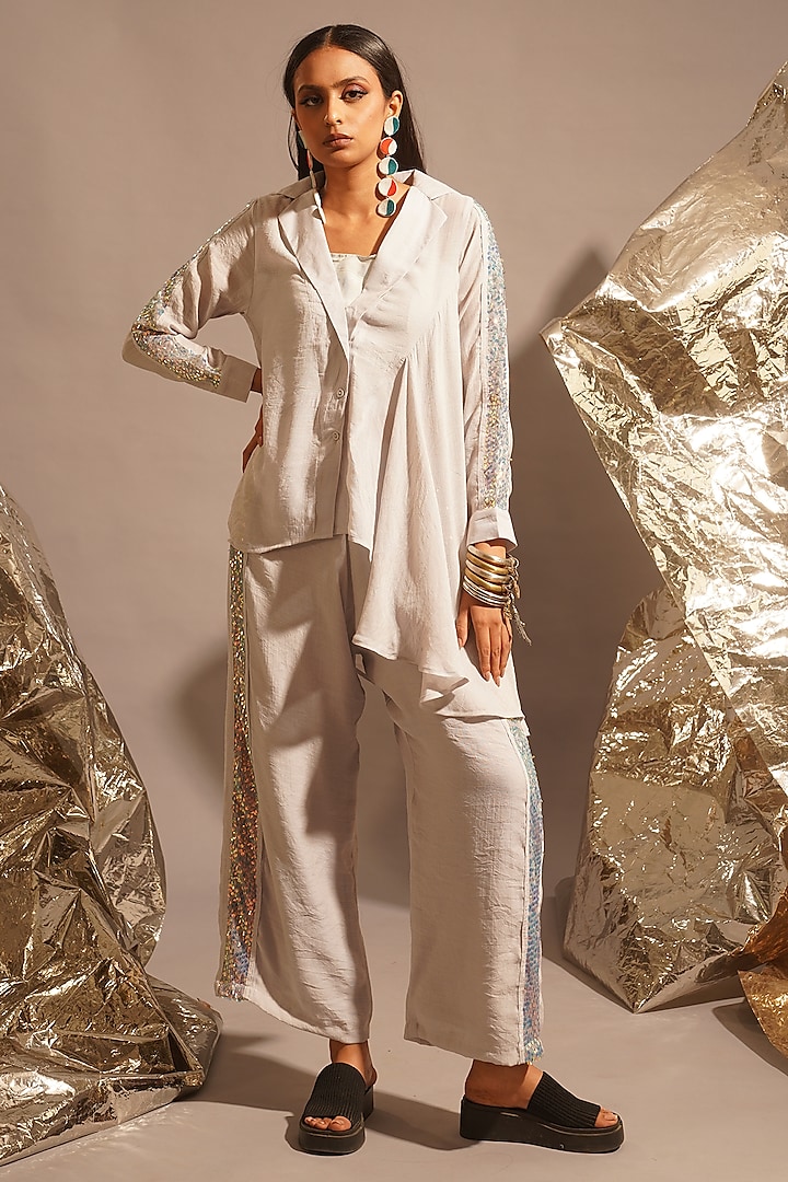 Light Grey Thin Cotton Sequins Embellished Co-Ord Set by EnEch By Nupur Harwani at Pernia's Pop Up Shop