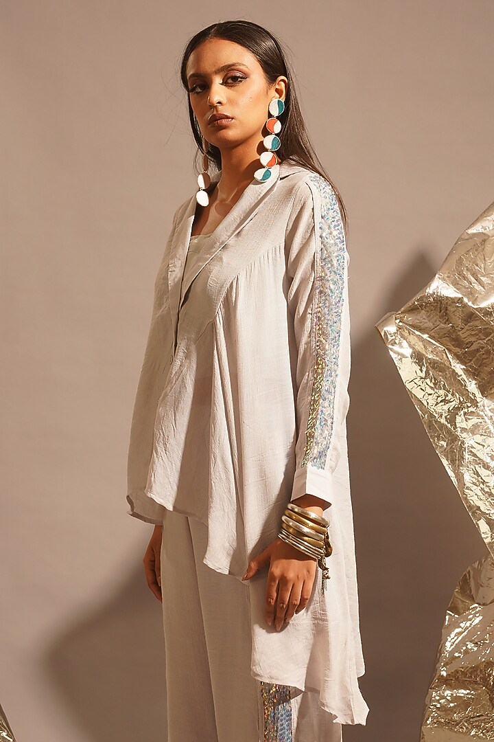 Light Grey Thin Cotton Sequins Embellished Co-Ord Set by EnEch By Nupur Harwani at Pernia's Pop Up Shop