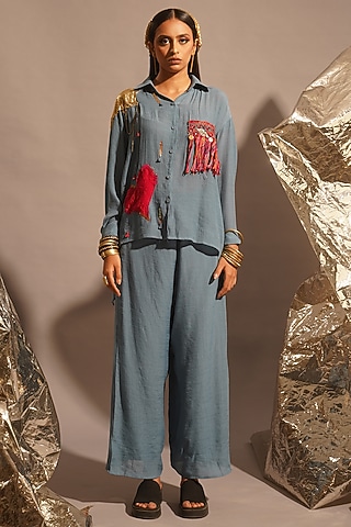 Powder Blue Thin Cotton Sequins Embellished Co-Ord Set by EnEch By Nupur Harwani