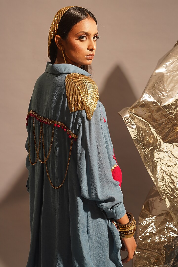 Powder Blue Thin Cotton Sequins Embellished Co-Ord Set by EnEch By Nupur Harwani at Pernia's Pop Up Shop