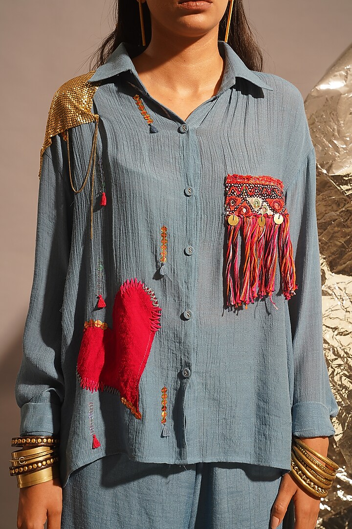 Powder Blue Thin Cotton Sequins Embellished Co-Ord Set by EnEch By Nupur Harwani at Pernia's Pop Up Shop