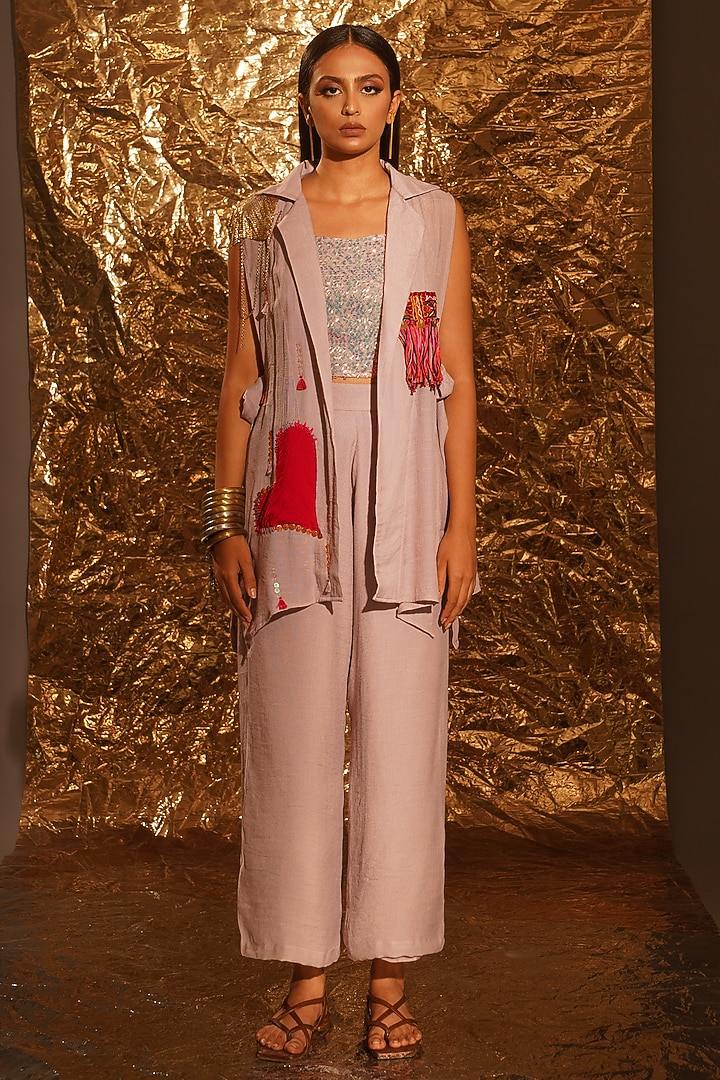 Dusty Lavender Thin Cotton Sequins Embellished Co-Ord Set by EnEch By Nupur Harwani at Pernia's Pop Up Shop