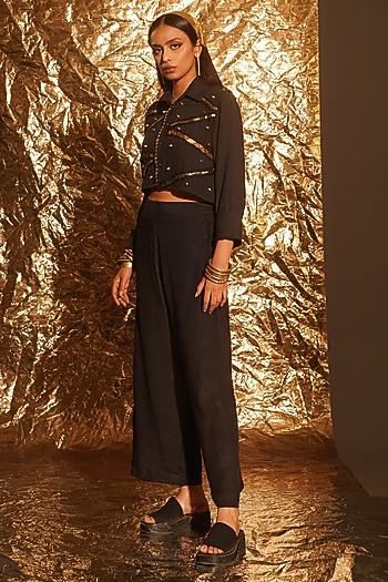 Black Thin Cotton Metallic Embellished Crop Jacket Set by EnEch By Nupur Harwani at Pernia's Pop Up Shop