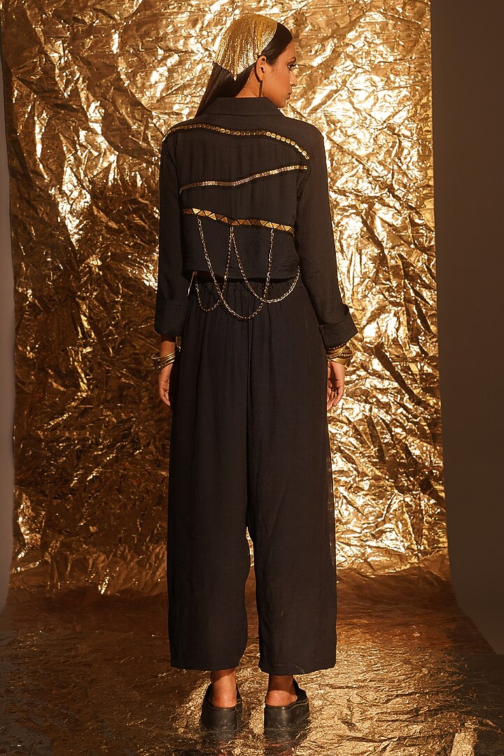 Black Thin Cotton Metallic Embellished Crop Jacket Set by EnEch By Nupur Harwani at Pernia's Pop Up Shop