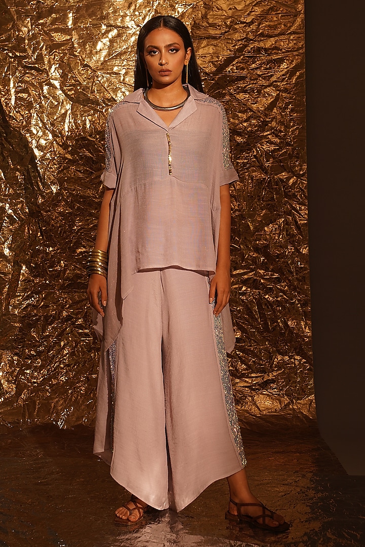 Dusty Lavender Thin Cotton Sequins & Metallic Embellished Co-Ord Set by EnEch By Nupur Harwani
