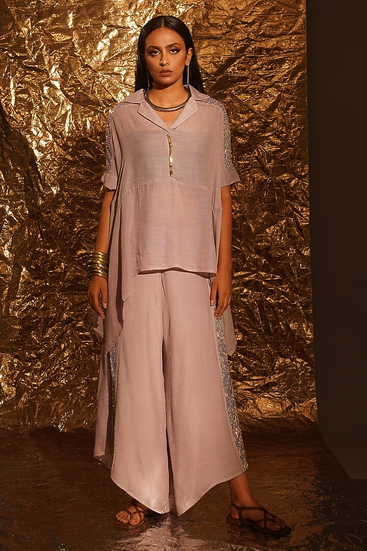 Dusty Lavender Thin Cotton Sequins & Metallic Embellished Co-Ord Set by EnEch By Nupur Harwani at Pernia's Pop Up Shop