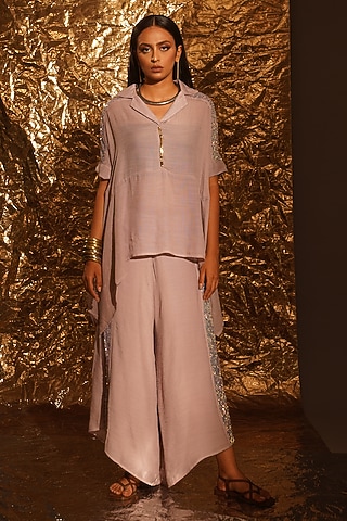 Dusty Lavender Thin Cotton Sequins & Metallic Embellished Co-Ord Set by EnEch By Nupur Harwani