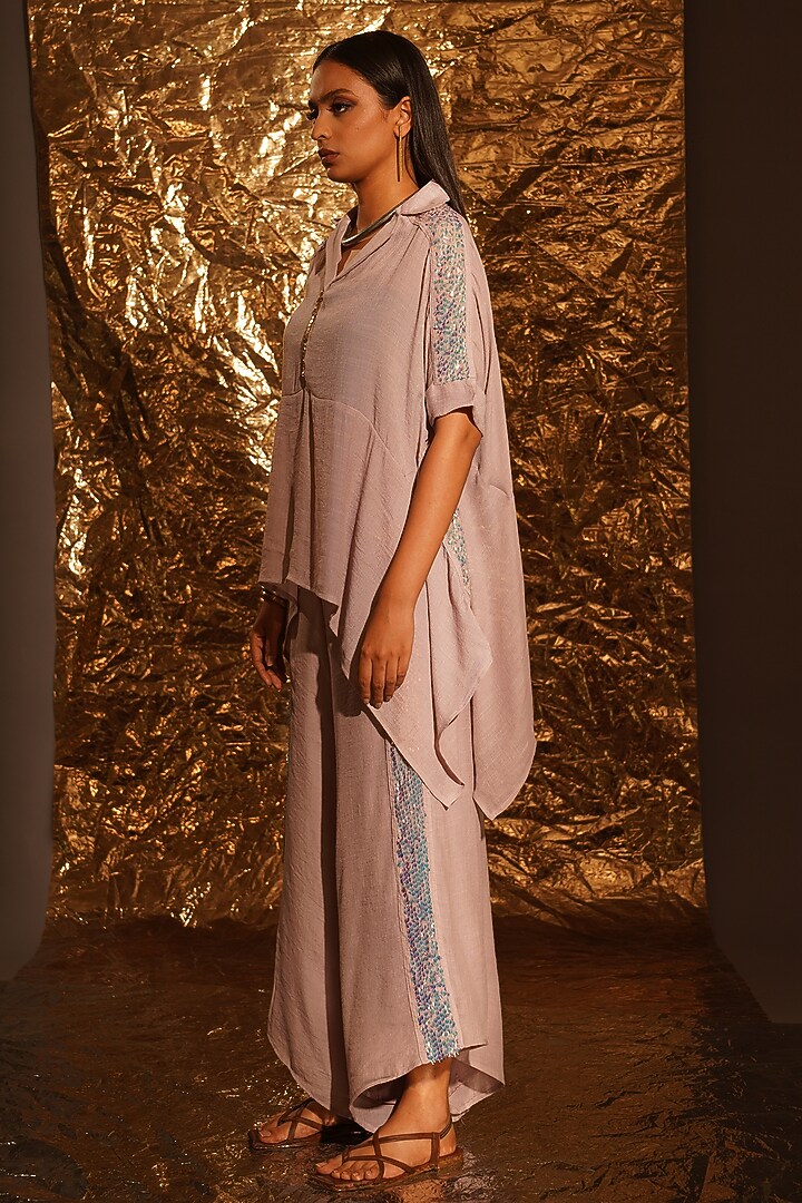 Dusty Lavender Thin Cotton Sequins & Metallic Embellished Co-Ord Set by EnEch By Nupur Harwani at Pernia's Pop Up Shop