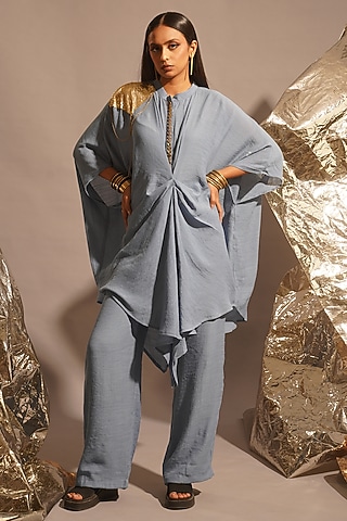 Powder Blue Thin Cotton Embellished Kaftan Set by EnEch By Nupur Harwani
