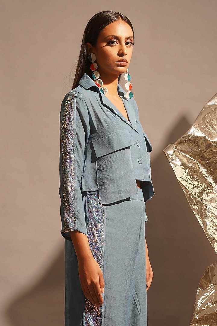 Powder Blue Thin Cotton Embellished Kaftan Set by EnEch By Nupur Harwani at Pernia's Pop Up Shop
