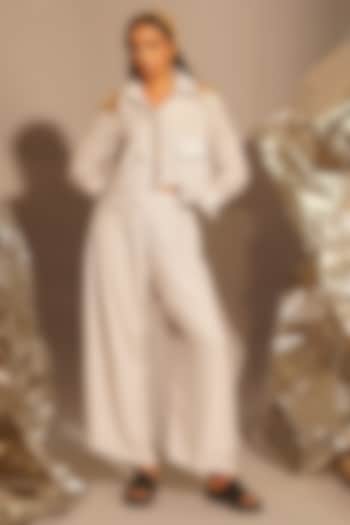 Light Grey Thin Cotton Metallic Embellished Co-Ord Set by EnEch By Nupur Harwani at Pernia's Pop Up Shop