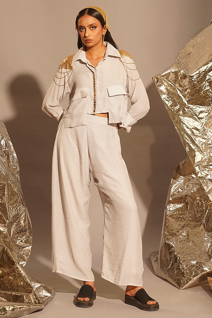 Light Grey Thin Cotton Metallic Embellished Co-Ord Set by EnEch By Nupur Harwani at Pernia's Pop Up Shop