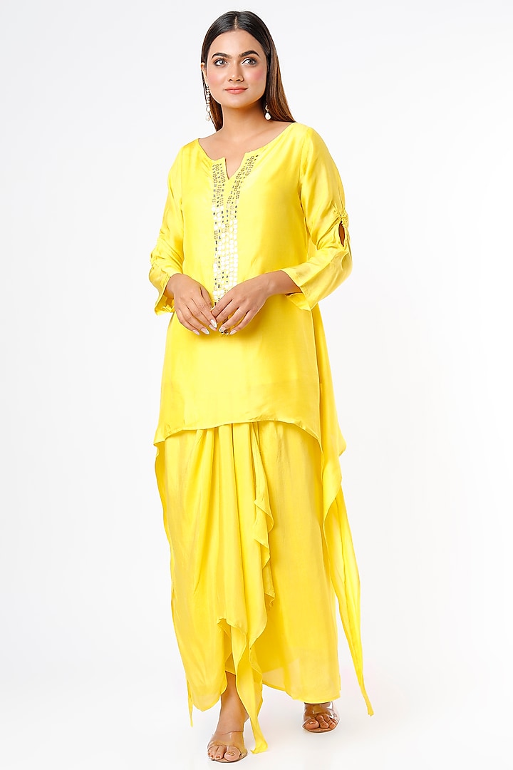 Neon Yellow Muslin Modal Skirt Set by Enech By Nupur Harwani