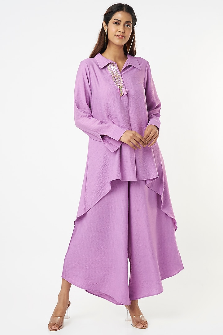 Lavender Linen Asymmetrical Palazzo Pant Set by EnEch By Nupur Harwani at Pernia's Pop Up Shop