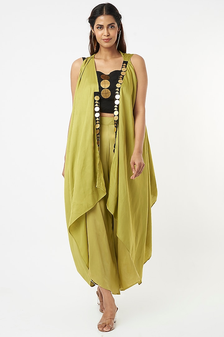 Lime Green Embellished Knot Jacket Set by EnEch By Nupur Harwani
