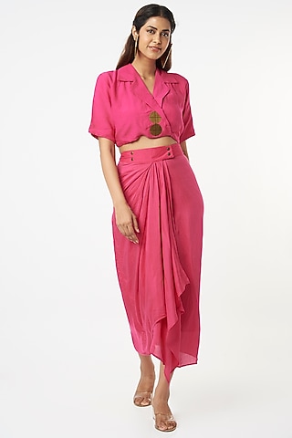 Pink Embellished Cropped Blazer Set by EnEch By Nupur Harwani