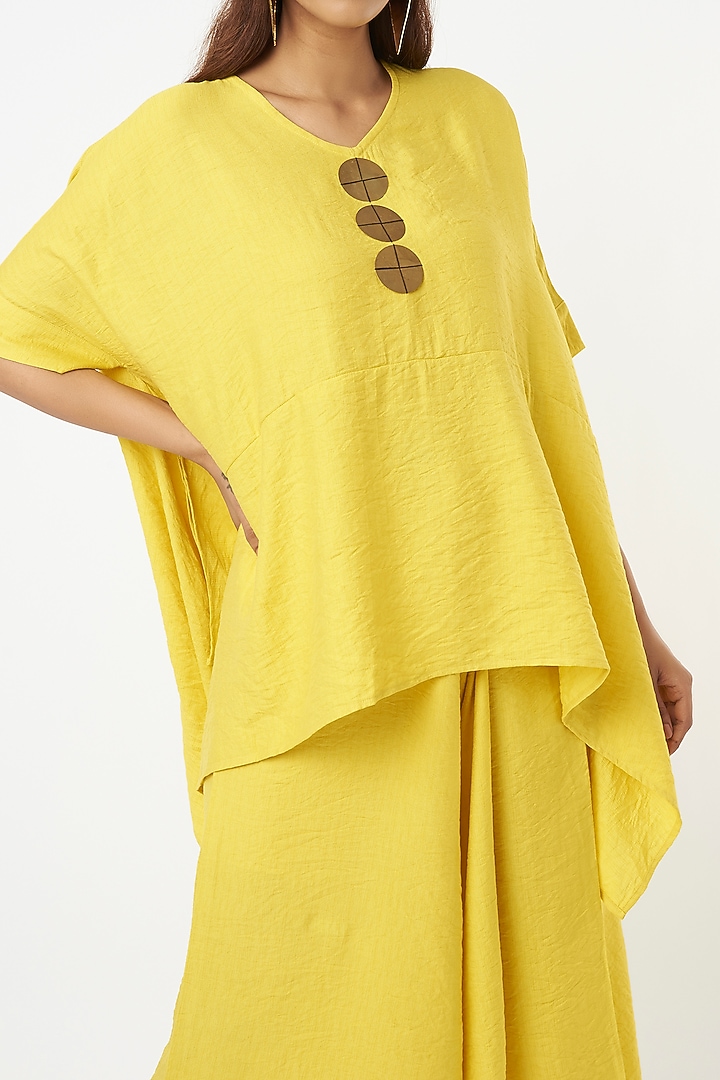 Neon Yellow Khadi Asymmetrical Palazzo Pant Set by EnEch By Nupur Harwani at Pernia's Pop Up Shop