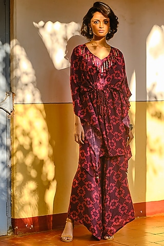 Purple Digital Printed Asymmetrical Palazzo Pant Set by Enech By Nupur Harwani