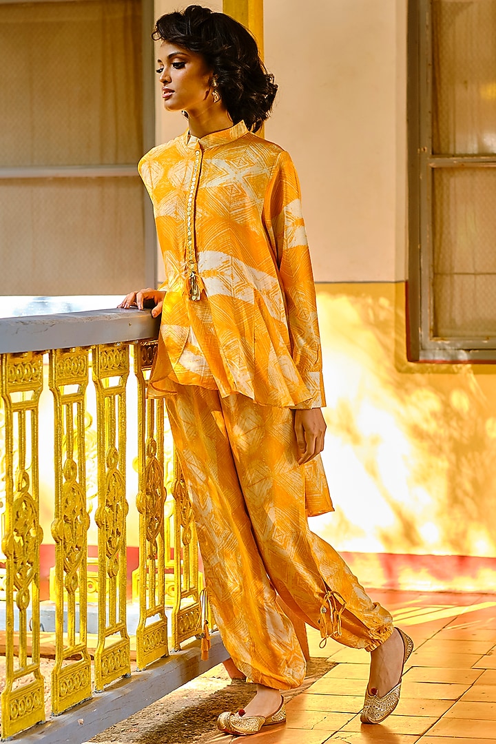 Yellow Digital Printed Cuffed Pant Set by Enech By Nupur Harwani