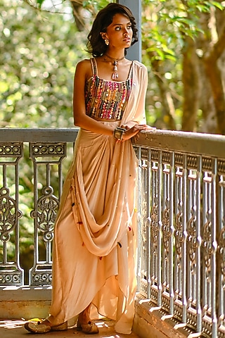 Beige Silk Modal Skirt Set by Enech By Nupur Harwani