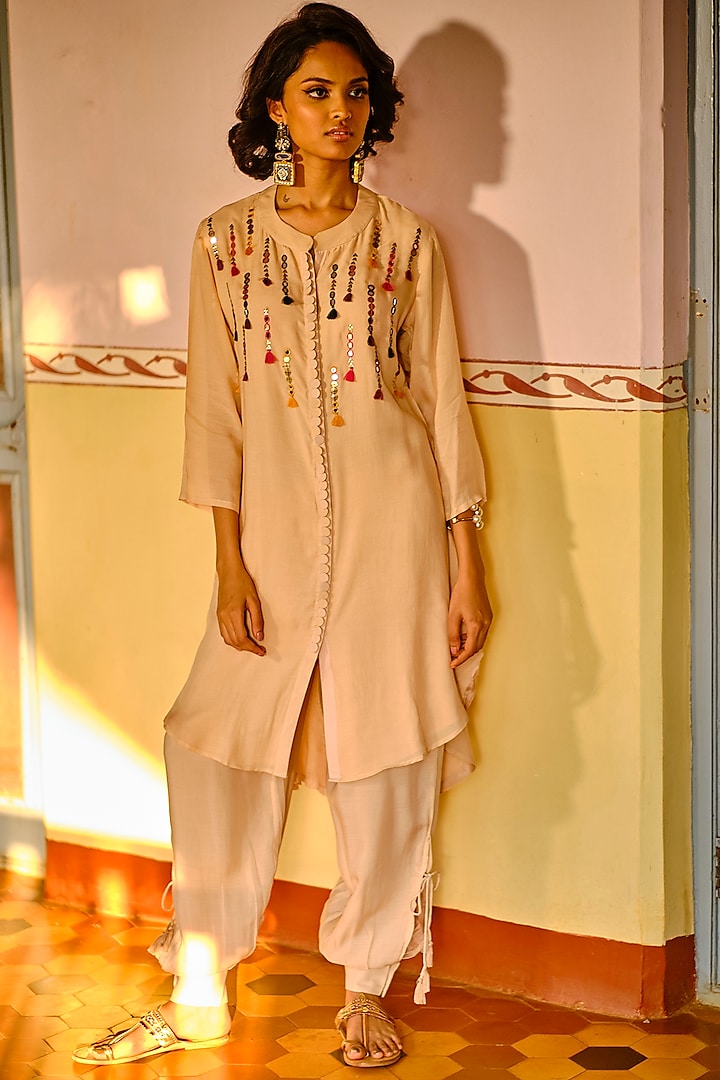 Beige Silk Modal Tapered Pant Set by Enech By Nupur Harwani